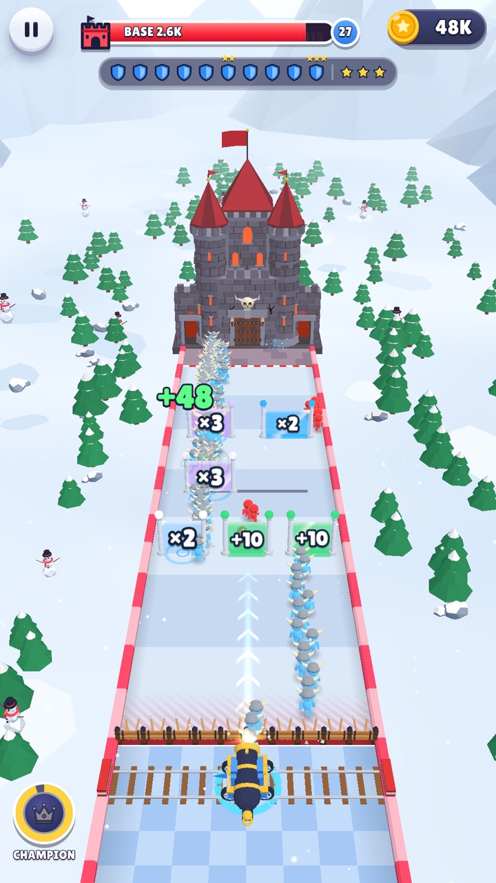 Cannon Rush: a cannon fires a stream of runners through multiplier gates toward an enemy castle