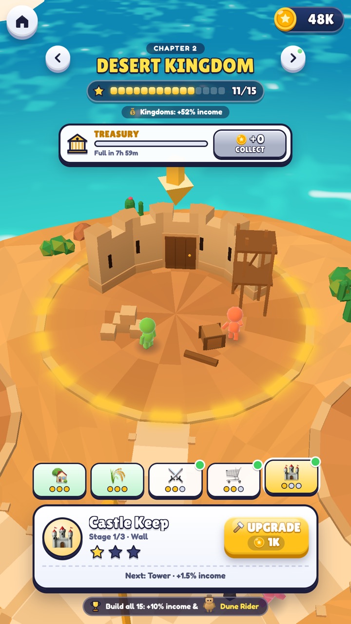 A floating-island kingdom under construction, with buildings to upgrade and a treasury filling with coins
