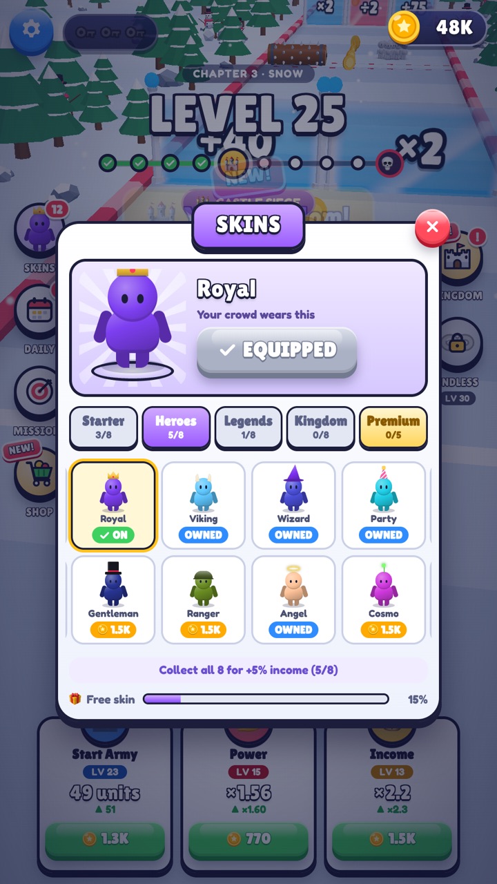 The skins collection: stickmen in different colours wearing crowns, horns, halos and wizard hats